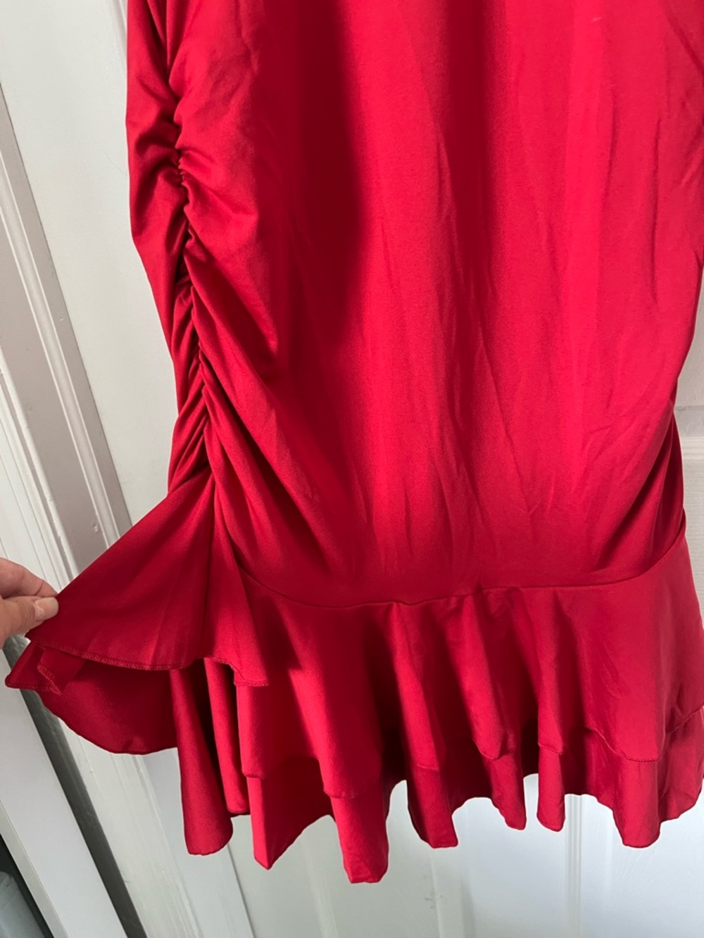 Red Long-Sleeve Midi Dress with Ruffled Hem - Picture 5 of 8